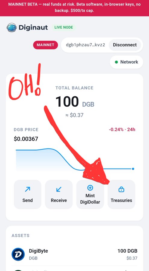 Screenshot of a Diginaut crypto wallet interface showing a MAINNET balance of 100 DGB (≈$0.37), with DGB PRICE at $0.00367 and a hand-drawn red arrow pointing downward with 'OH!' written above.