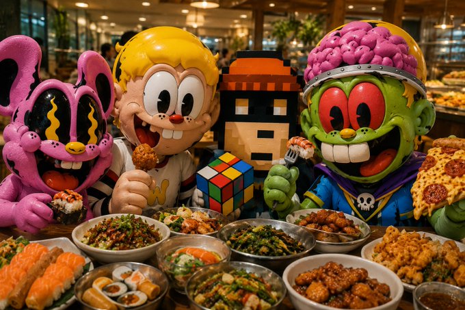 A colorful AI-generated scene of cartoon character mascots (a pink panther-like figure, a blonde boy, a green zombie-like character) enjoying various dishes like sushi, noodles, pizza, and fried foods around a table.