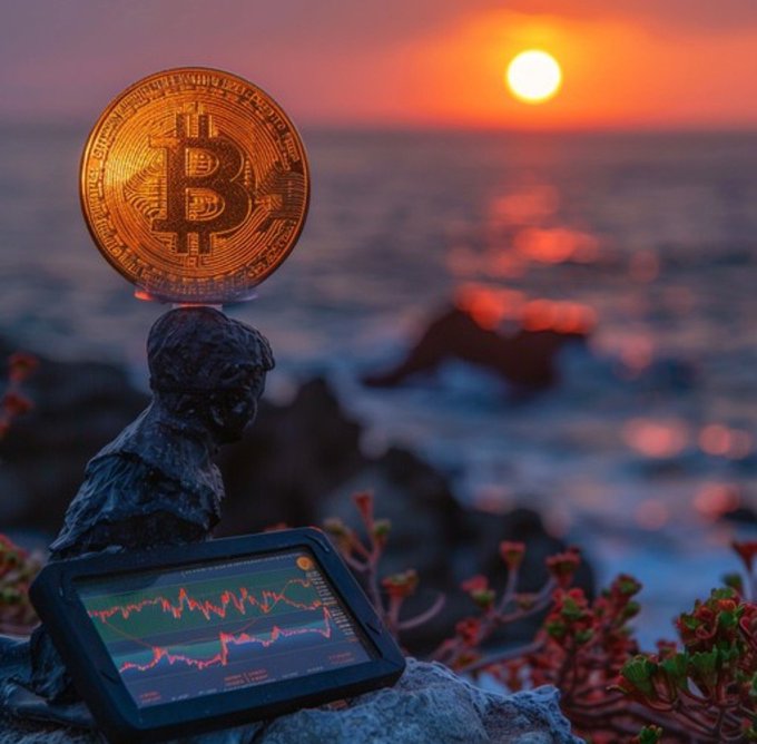 A physical Bitcoin coin balances on a small rock statue beside a smartphone displaying a stock chart, set against a sunset over the ocean.