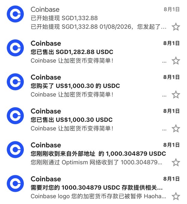 Screenshot of a Gmail inbox showing multiple Coinbase notification emails dated August 1, including a deposit attempt for SGD 1,332.88, purchases and sales of USDC, a receipt of 1,000.304879 USDC via the Optimism network, and a suspension notice for the USDC deposit. The emails document the user's process of converting US$1,000 into USDC, transferring it via the Optimism network, and then attempting to cash out to a bank card.