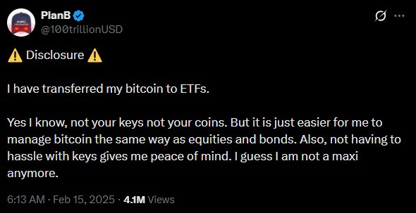 The image shows a tweet from PlanB (@100trillionUSD) dated February 15, 2025, with 4.1M views, where he discloses transferring his bitcoin to ETFs, citing easier management alongside equities and bonds and no longer wanting to deal with self-custody keys, admitting "I guess I am not a maxi anymore."

The post highlights PlanB's shift away from Bitcoin maximalist principles, likely contributing to the referenced tension around BIP-110, as his endorsement of ETF-based (paper) bitcoin custody contradicts the cypherpunk ethos that many "maxis" uphold.
