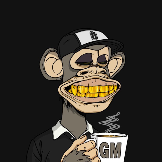 A cartoon ape character wearing a black and white cap with the "b" Beats logo and a gold-grilled smile holds a steaming coffee mug labeled "GM," perfectly capturing the relaxed, smug vibe of the post's bragging about its multi-category Bored Ape NFT collection.