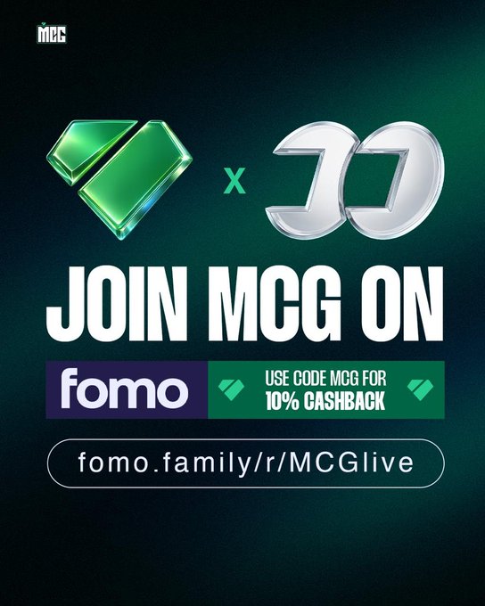 A promotional graphic announces 'JOIN MCG ON fomo' with a 10% cashback offer using code 'MCG', featuring logos and the link 'fomo.family/r/MCGlive'.