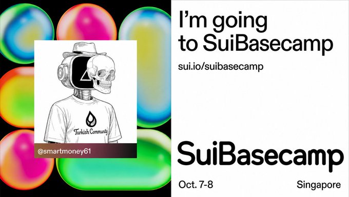 A promotional graphic featuring a skull-headed figure wearing a "Turkish Community" shirt, alongside text reading "I'm going to SuiBasecamp", "sui.io/suibasecamp", "SuiBasecamp", "Oct. 7-8", and "Singapore", with the handle "@smartmoney61".