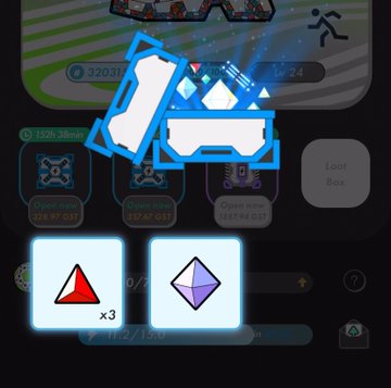 A mobile game screenshot showing map fragments being placed onto a world map, with resource counters (320.31, 1526.26km), a 'Loot Box' option, and a red triangle icon (x3) and purple diamond icon (0/2) at the bottom.