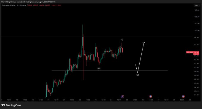 A TradingView candlestick chart for Solana (SOL/USD) on Coinbase showing price action with technical analysis markings labeled (x), (y), and (x) indicating an Elliott Wave pattern.