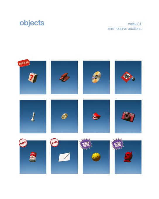 A graphic titled 'objects' labeled 'week 01 zero-reserve auctions' displays a 4x3 grid of 3D-rendered items including a mystery box, plane, vinyl record, game cartridge, rook, gold coin, hat, camera, jar, envelope, tennis ball, and red figurine, some tagged 'RARE' or 'MYSTERY BOX'.
