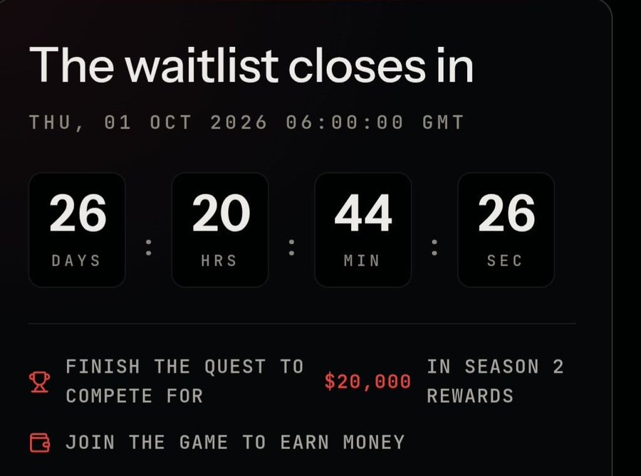 A countdown timer shows that the waitlist for AIClawArena closes on Thu, 01 Oct 2026 at 06:00:00 GMT, with 26 days, 20 hours, 44 minutes, and 26 seconds remaining, highlighting the $20,000 prize pool for Season 2 rewards.