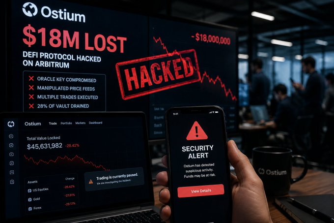 A news graphic about the Ostium DeFi protocol hack, displaying '$18M LOST' with a red 'HACKED' stamp, bullet points detailing the oracle compromise, and a security alert on a smartphone screen showing 'Trading is currently paused.'