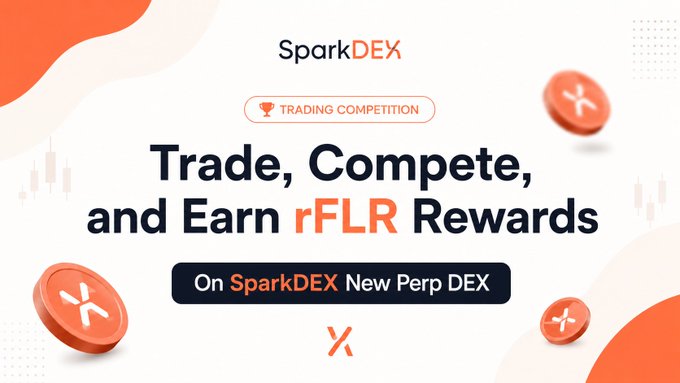 An orange and white promotional banner for 'SparkDEX' advertising a 'Trading Competition' with the text 'Trade, Compete, and Earn rFLR Rewards On SparkDEX New Perp DEX'.