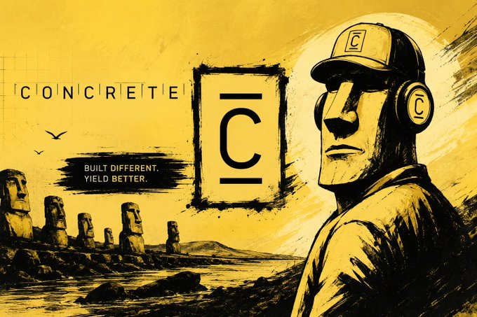 A yellow-toned stylized illustration of a cyberpunk figure wearing a cap with the 'C' logo, set against an Easter Island moai landscape, branded 'CONCRETE' with the tagline 'BUILT DIFFERENT. YIELD BETTER.'