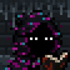 A pixel art style dark character with glowing white eyes is surrounded by floating magenta and teal particles.