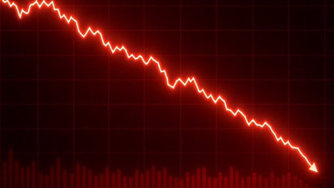 A glowing red line chart displays a steep downward trend with an arrow pointing sharply lower against a dark grid background, visually representing the massive $532 million wave of long position liquidations that have rocked the crypto market over the past 24 hours. The dramatic decline illustrates the severe market downturn forcing leveraged long bets to be forcibly closed.