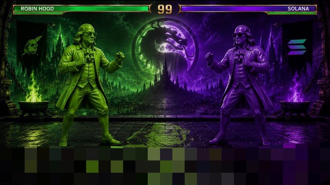 Versus screen from Mortal Kombat 1 showing Robin Hood on the left and Solana on the right with a 99% meter.