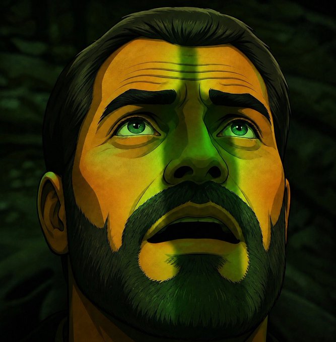 A stylized illustration of a bearded man with glowing green eyes looking upward in awe, bathed in dramatic green and orange lighting. The image humorously captures the "to the moon" sentiment expressed in the post about XRP's price surge upward.
