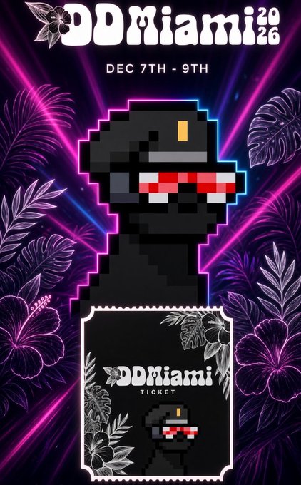 A promotional poster for "DDMiami 2026" happening Dec 7th-9th, featuring a pixelated character with 3D glasses and tropical neon pink/purple floral designs.