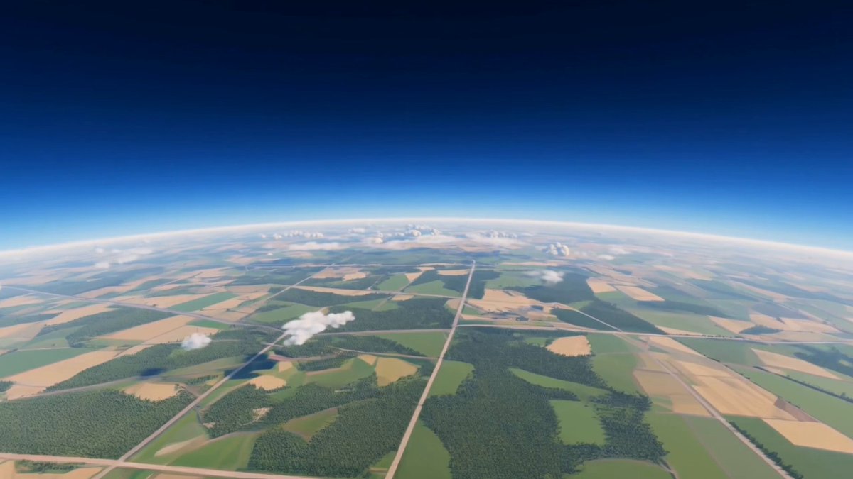 The image shows a breathtaking view from an airplane window, providing a bird's eye perspective of the earth below. The sky is painted with hues of blue, while the land below is a vibrant mix of green fields and brown landscapes. The scene captures the beauty of nature in its purest form, showcasing the vastness of our planet.