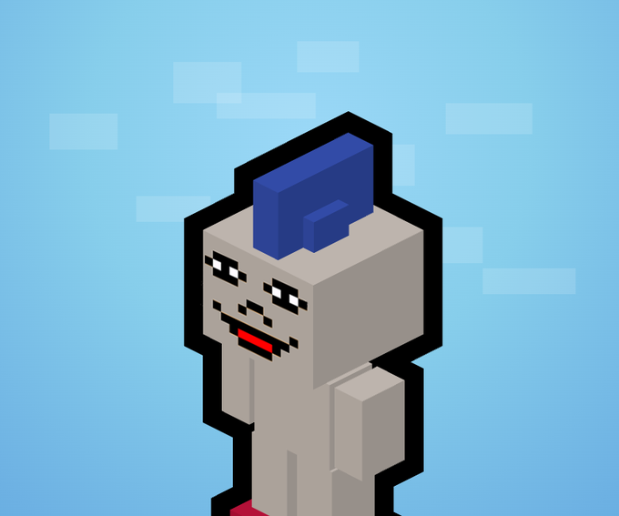 A pixelated, blocky 3D character with pale skin, a flat head, and a blue tuft of hair stands against a light blue background.