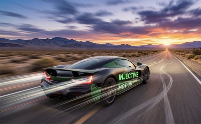A dynamic image of a green and black sports car speeding down a desert highway at sunset, with 'INJECTIVE MOTION' written on its side.