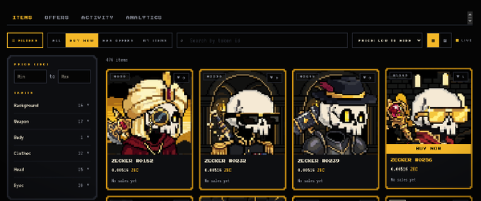 A pixel art NFT marketplace interface with a dark theme, showing tabs for 'ITEMS', 'OFFERS', 'ACTIVITY', and 'ANALYTICS', displaying 'ZOMBIE BOSS' character listings priced around 0.44614 ZBC.