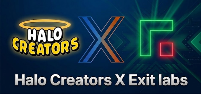 The promotional image announces a collaboration between Halo Creators and Exit Labs, featuring their logos alongside the text "Halo Creators X Exit labs" to support Exit Labs' upcoming free mint NFT collection on Robinhood.