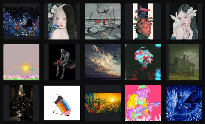 A grid of fifteen diverse AI-generated artworks featuring portraits, landscapes, and abstract digital paintings in various styles.