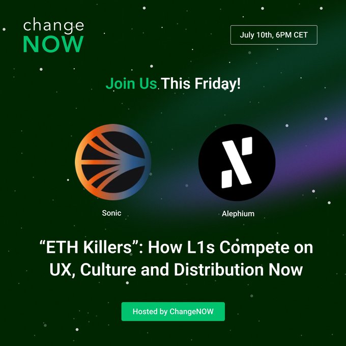 A promotional graphic for a ChangeNOW-hosted event on July 10th at 6 PM CET titled "ETH Killers: How L1s Compete on UX, Culture and Distribution Now," featuring logos for Sonic and Alephium blockchains. The image visually represents the Twitter post's announcement of a conversation with @MrMinter_eth from Sonic Labs about how Layer 1 networks differentiate themselves beyond pure technology.