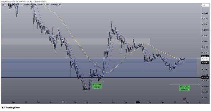 A TradingView chart of Dogecoin/USD showing price action from late 2024 through August 2025 with moving averages and horizontal support/resistance levels.