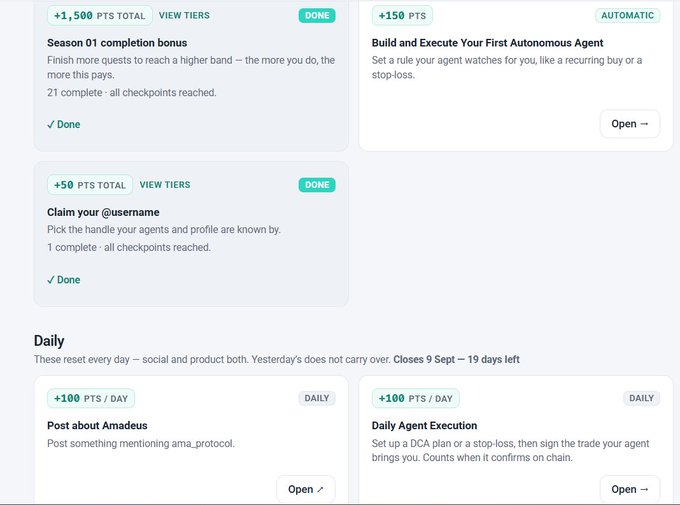 A quest/rewards dashboard showing completed and available tasks including "Season 01 completion bonus" (+1,500 pts), "Build and Execute Your First Autonomous Agent" (+150 pts), "Claim your @username" (+50 pts), plus daily quests "Post about Amadeus" and "Daily Agent Execution", with 19 days left until September 9.