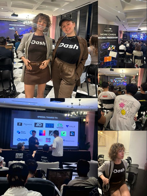 Collage of photos from what appears to be a Dash cryptocurrency event in Kazakhstan, showing attendees in 'Dash' branded shirts, panels discussing 'More Cards, More Freedom', and a 'Special Thanks To' slide listing sponsors.
