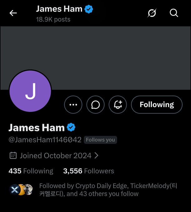 The image shows a social media post from James Ham, with a purple circle containing his name at the center of the photo. The caption below the post reads "Today, I will give a special shoutout to one of the XRP OG in my space.. Please give James Ham a follow all my friends and followers!". The post is accompanied by a hashtag (#XRPTODAY), which indicates that it was shared on social media platforms for this particular day.