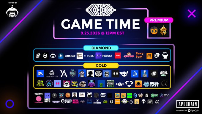 A promotional graphic for a 'GAME TIME' event scheduled for '9.23.2026 @ 12PM EST', featuring Diamond and Gold tier sponsor logos including ApeChain, presented on a dark background with neon accents.