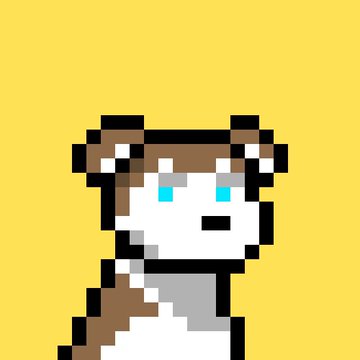 Pixel art of a character with brown and white fur, blue eyes, and animal ears against a yellow background.