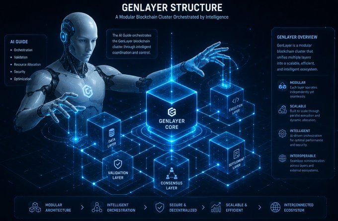 The image is a futuristic infographic titled "GENLAYER STRUCTURE: A Modular Blockchain Cluster Orchestrated by Intelligence," featuring a humanoid AI figure alongside a glowing diagram of interconnected cubes representing the GenLayer Core, Data Layer, Execution Layer, Validation Layer, Consensus Layer, and Settlement Layer. It visually complements the post's analogy by illustrating how GenLayer uses multiple AI-driven layers working together—like a panel of referees—to reach reliable consensus in blockchain transactions.