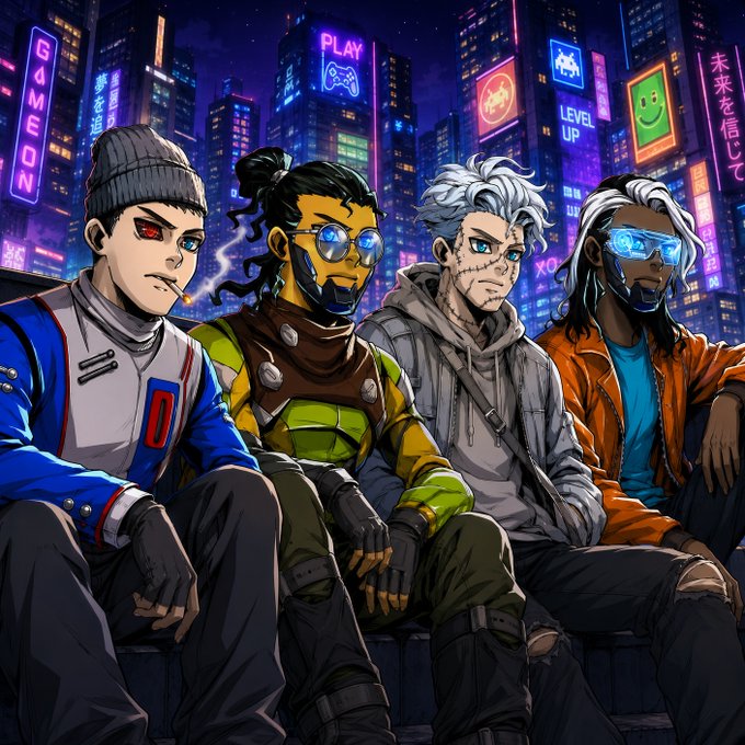 Four cyberpunk-styled characters with futuristic enhancements—robotics, cybernetic visors, and a stitched-together face—sit together against a neon-lit cityscape featuring signs reading "GAME ON," "PLAY," "LEVEL UP," and Japanese text "未来を信じて," embodying the rebellious, tech-forward spirit of the "CyberHood" NFT collection.