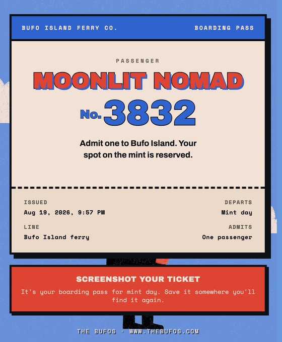A digital boarding pass for 'Bufo Island Ferry Co.' reads PASSENGER 'MOONLIT NOMAD' No. 3832, issued Aug 19, 2026, with the instruction 'SCREENSHOT YOUR TICKET' from thebufos.com.