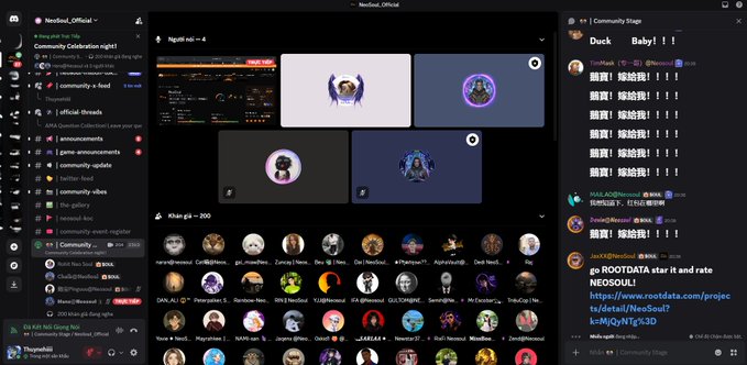 Screenshot of a Discord community page called "Neosud_Official" showing a server with channels like #announcements, #community-updates, and #community-vibes, along with a Community Stage chat featuring messages like "嗨夏！嗨哈普！！" and a promoted link to rootdata.com/project/detail/NeoSoul.