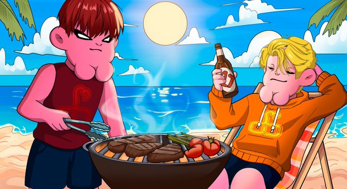 A cartoon illustration shows two characters on a beach grilling meat and vegetables while one drinks from a beer bottle.