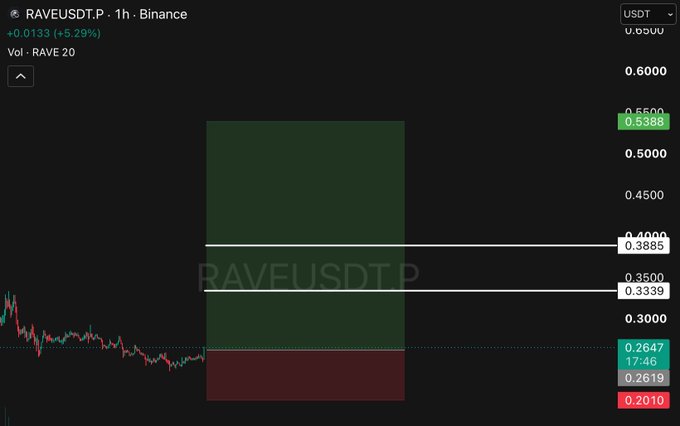 A 1-hour Binance candlestick chart of RAVE/USDT shows the price at 0.2647, up 5.29%, with key horizontal resistance levels marked at 0.3339, 0.3885, and 0.5388, visually reinforcing the post's bullish outlook toward the $0.50 and potentially $1 targets.