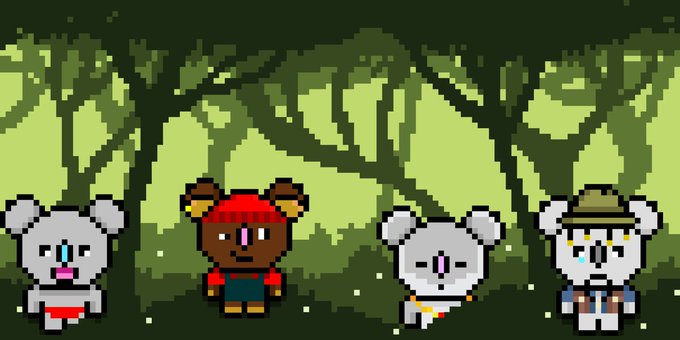 Pixel art scene featuring four cartoon characters—three gray mouse-like creatures and one brown bear-like character—standing in a dark green forest setting.
