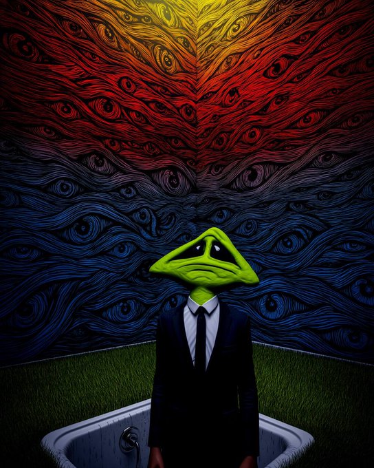 A surreal artwork depicting a figure in a dark suit with a green triangular head standing in an empty bathtub against a swirling wall of colors transitioning from red and yellow at the top to blue at the bottom.