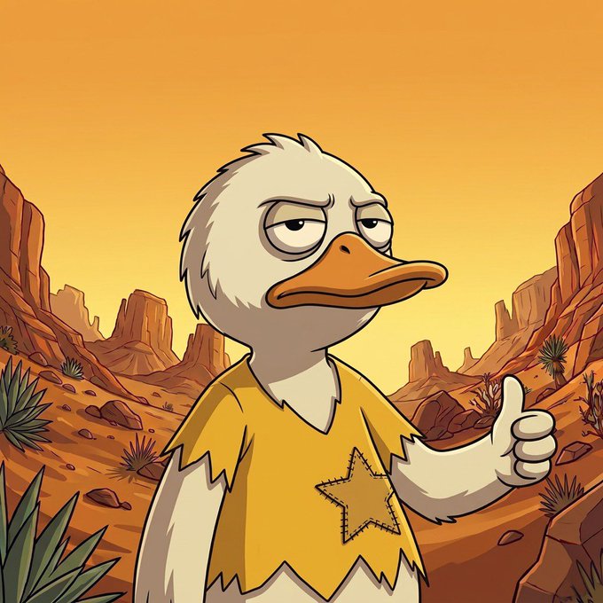A cartoon duck wearing a yellow sheriff-style shirt with a star stands in a desert landscape giving a thumbs-up, appearing weary but resolute after a long day. The image humorously pairs with the post about spending the afternoon fixing mobile linking issues with the community, with the "sheriff" duck symbolizing a lone runner/fixer who pushed through the rough terrain until the fix went live.