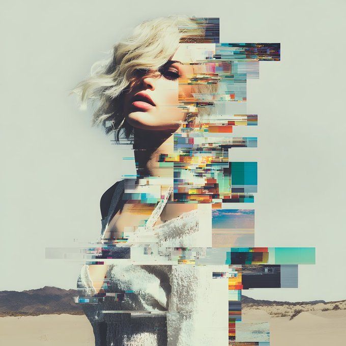 The image shows a glitch-art portrait of a blonde woman whose form dissolves into colorful digital fragments on the right side, set against a pale desert landscape. This fragmented, deconstructed aesthetic aligns with the NFT titled "Unearthed," emphasizing themes of digital decay and exploration shared in the celebratory post.