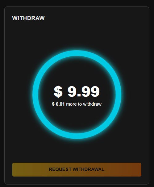 A dark withdrawal screen displays a current balance of $9.99, with text indicating "$0.01 more to withdraw" needed to reach the $10 threshold, alongside a "REQUEST WITHDRAWAL" option at the bottom. This illustrates the catch mentioned in the post about needing to accumulate exactly $10 before being able to cash out from Neo Soul's free withdrawal campaign.
