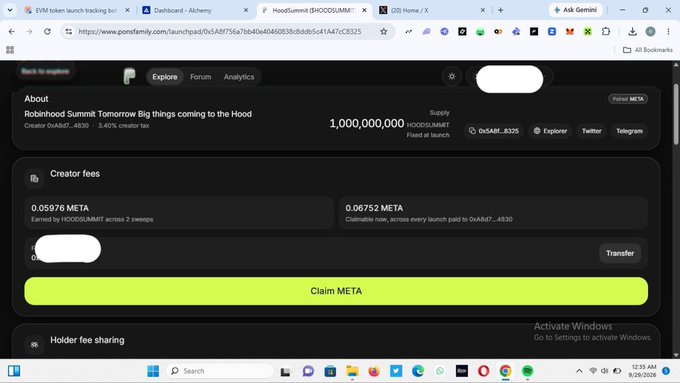 A screenshot of the ponzi.family website showing a token launch tracker for 'Robinhood Summit', 'Tomorrow Big things coming to the Hood', created by 0xA8f...4830, with 1,000,000,000 $HOODSUMMIT supply and options to claim 0.05976 META or 0.06752 META in creator fees.