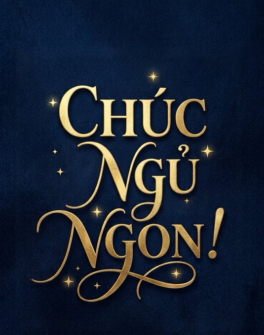 An elegant gold calligraphy design on a dark blue background spells out 'CHÚC NGỦ NGON!' (Good Night in Vietnamese) with decorative stars.