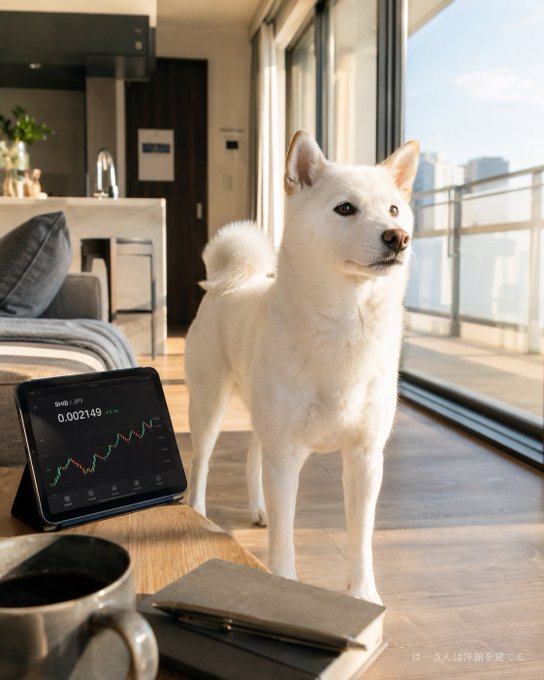 A white Shiba Inu named Yuki stands alert in a sunlit modern Japanese apartment, gazing out toward a balcony with a city view, while a tablet nearby displays a SHIB/USD chart at "0.002149" with a green price trend—capturing a serene morning crypto check-in that matches the post's calm SHIBARMY update from Japan.