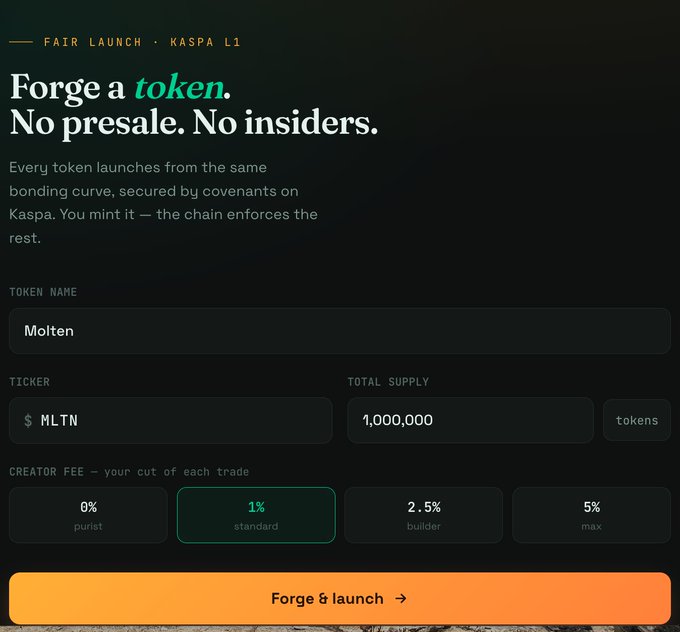 KForge's token forging interface on Kaspa L1 displays a form for launching a token named "Molten" ($MLTN) with a 1,000,000 total supply and a 1% standard creator fee, with an orange "Forge & launch" button ready to deploy. The interface embodies the platform's fair-launch promise—no presale or insider allocation—with all parameters (name, ticker, supply, fee) user-selected before minting via the enforced bonding curve.