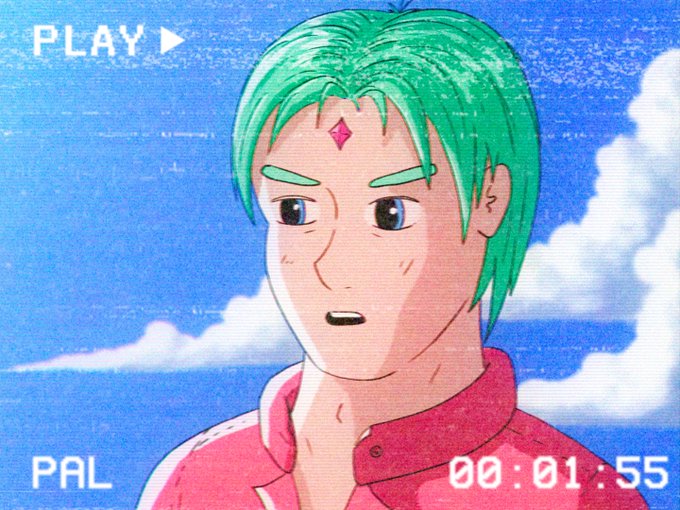 An anime-style character with green hair and a pink gem on his forehead looks surprised, with 'PLAY ▶', 'PAL', and a timecode '00:01:55' visible like a VCR overlay.