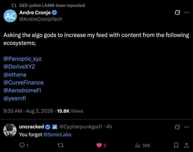 A tweet from Andre Cronje (@AndreCronjeTech) asks the algorithm to increase feed content from ecosystems like @Panoptic_xyz, @DeriveXYZ, @ethena, @CurveFinance, @AerodromeFi, and @yearnfi, with a reply from uncracked noting he forgot @SonicLabs.